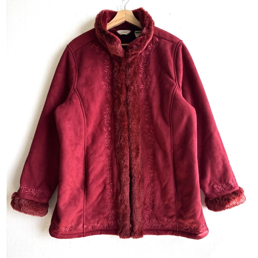 L.L. Bean Coat Women’s XL Red Penny Lane Faux Fur Suede Embroidered Lined